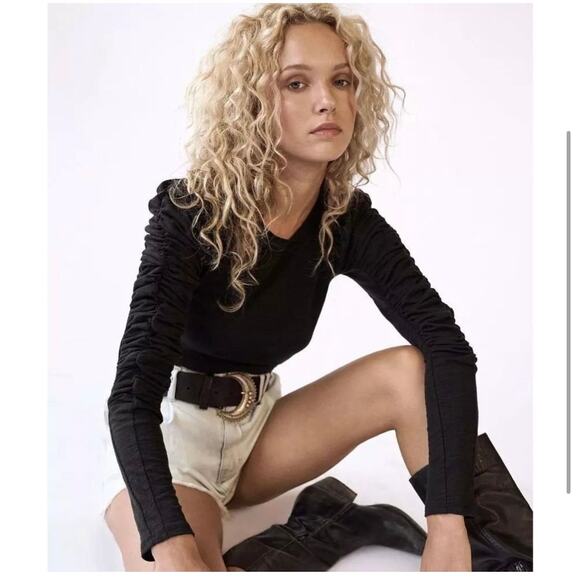 FREE PEOPLE Womens Top Large Black Natasha Ruched Long Sleeve Boho Capsule Basic - Picture 6 of 7